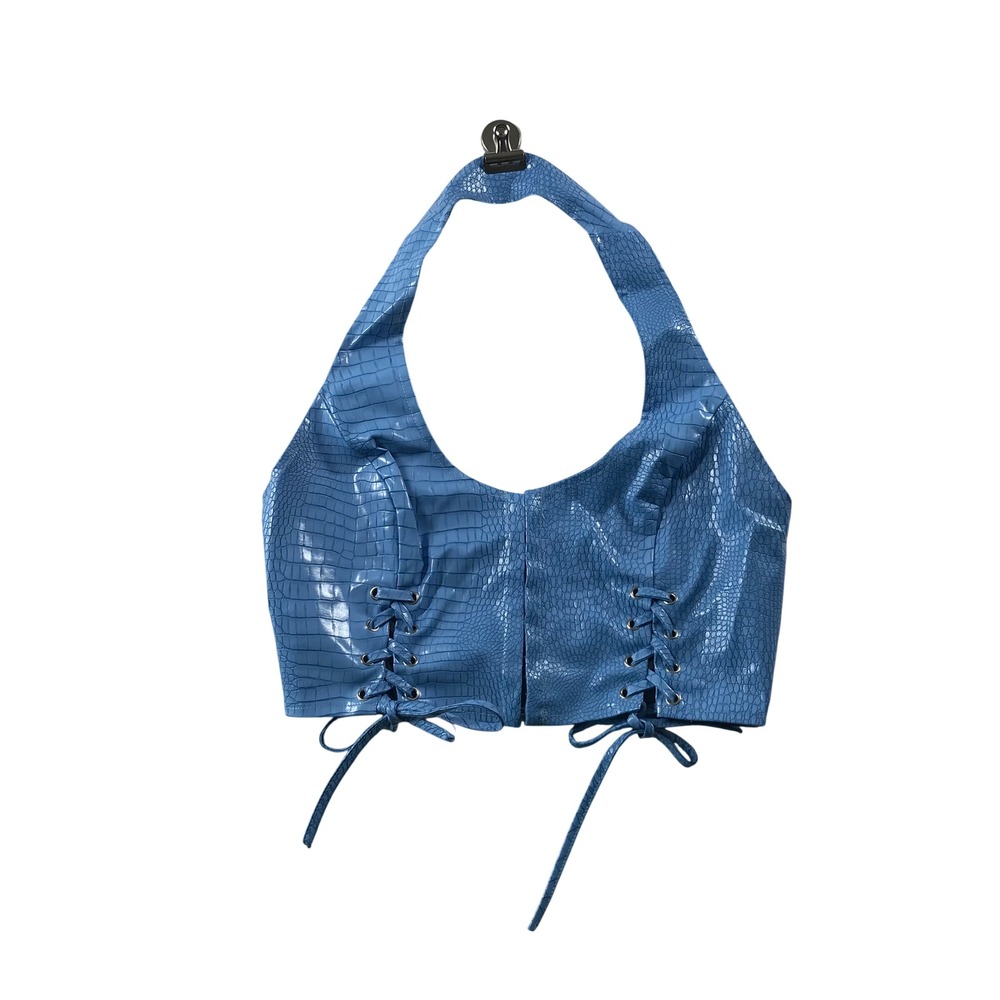 Princess Polly Blue Croc Embossed Faux Leather Halter Crop Top US 4 RN 163017
